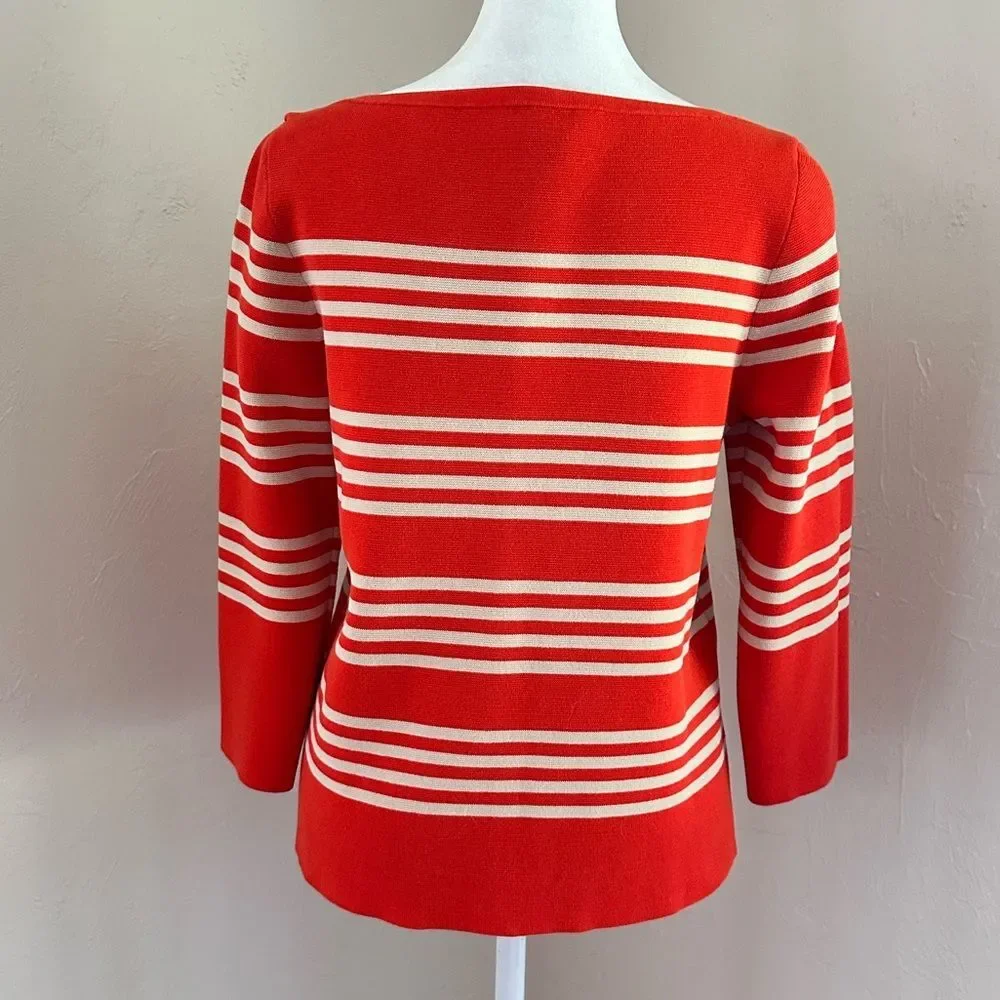 J. Crew Boatneck Popover Sweater in Orange Knit w/ Cream Stripes Pockets Size S